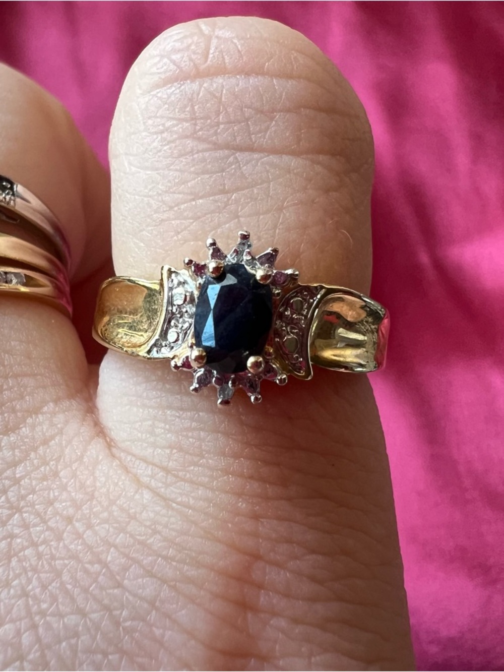 Vintage Gold Tone Ring with Navy Stone - Women Jewelry